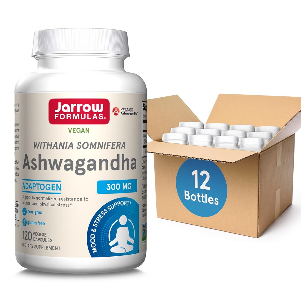 Jarrow Formulas Ashwagandha 300 mg - 120 Capsule Veggie - Sănătate generală și rezistență la oboseală - Suplimentul sprijină rezistenta, recuperarea musculară și sănătatea cognitivă - 60 Serviri (Pachetul de 12)