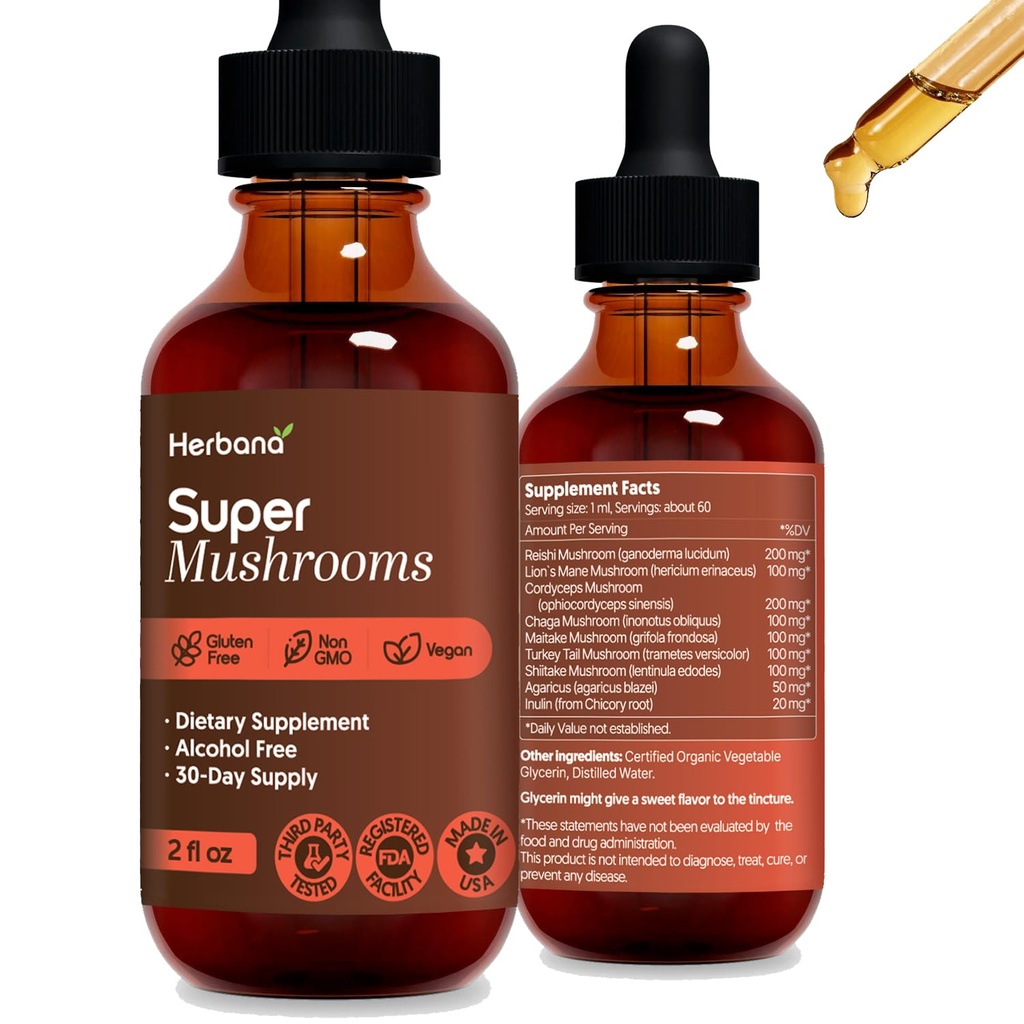 Super ciuperci 8-in1 - 2 fl oz Extract lichid - Booster creier și picături de sprijin imunitar - Reishi, Lion 