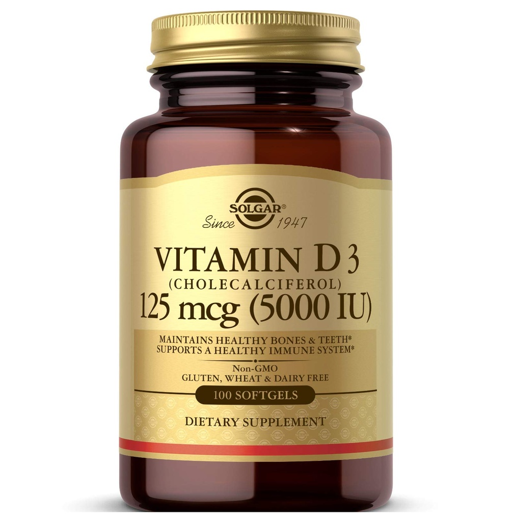 Solgar Vitamina D3 (Cholecalciferol) 125 MCG (5000 UI), 100 Softgels - Ajuta la mentinerea sanatatii oaselor si a dintilor - Suport pentru sistemul imunitar - Non-GOM, Gluten-Free, Dairy Free - 100 Servings