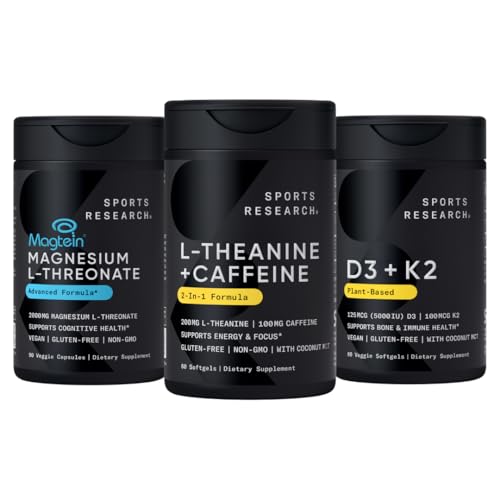 Sports Research Magtein Magneziu Capsule L-Treonat (2000 mg, 90 capsule), Vitamina D3 Vegană + K2 w/Organic Ulei de cocos (5000iu VIT. D 100mcg Mk7 VIT. K, 60 Softgels) și L-Theanină (200mg, 60 ct)
