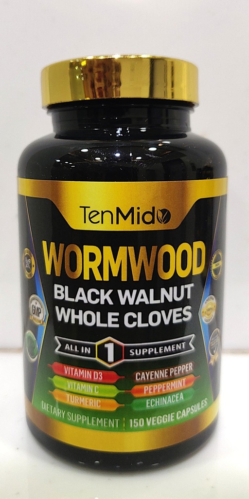 Capsule de lemn de vierme Supliment pentru bărbați și femei, 10in1 Formula cu nuc negru, Cuișoare întregi, Turmeric, Cayenne Pepper & More - Digestive, Suport imunitar - Nutrient bogat - 150 capsule