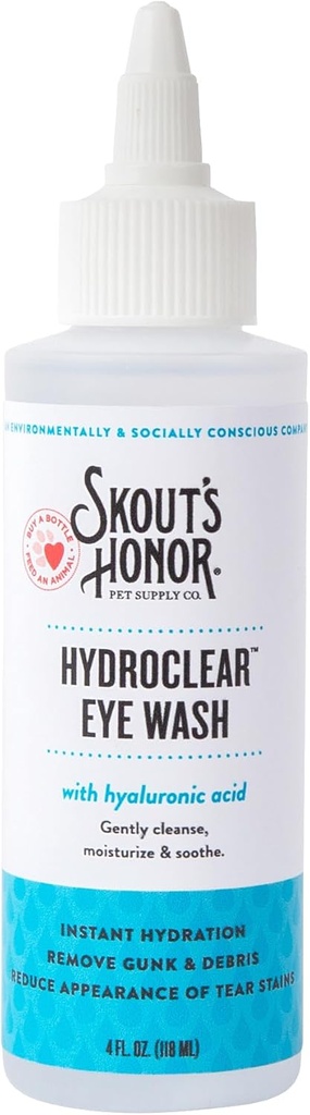 SKOUT'S HONOR HydroClear Eye Wash with Hyaluronic Acid, 4oz Bottle - non-medicate, Daily Eye Care for Dogs & Cats