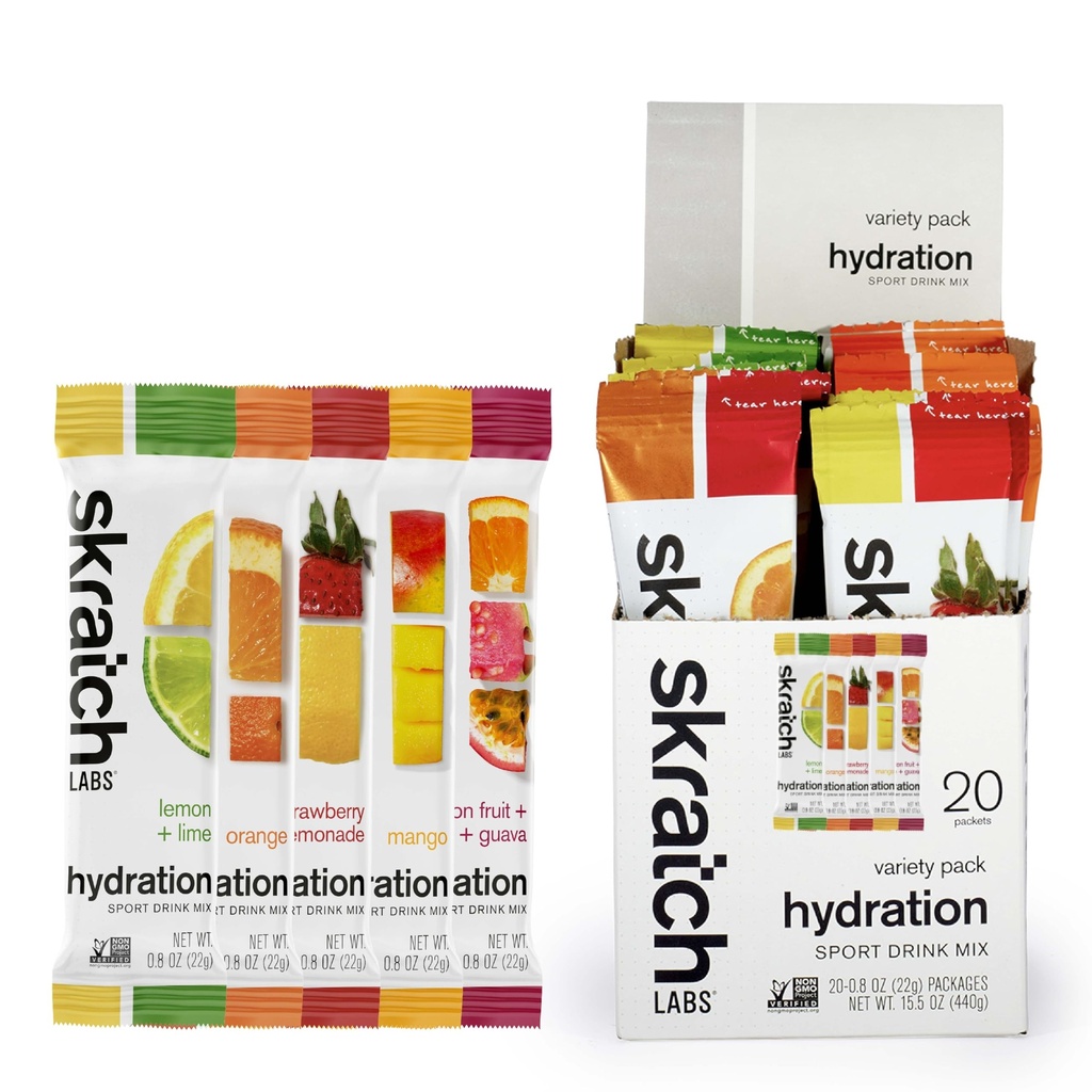 Pachete de hidratare Skratch Labs - Hydration Drink Mix, Pachet de varietăţi (20 Pachete de servire unică) - Pulbere electrolitică dezvoltată pentru sportivi şi performanţă sportivă, Gluten gratuit, Vegan, Kosher