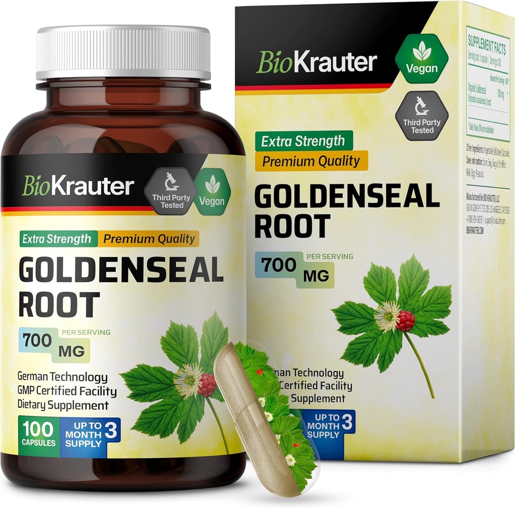 BIO KRAUTER Goldenseal Root Capsule 700 mg - 100 Golden Seal Powder Capace - Suport respirator și digestiv - Vegan, fără Fillers