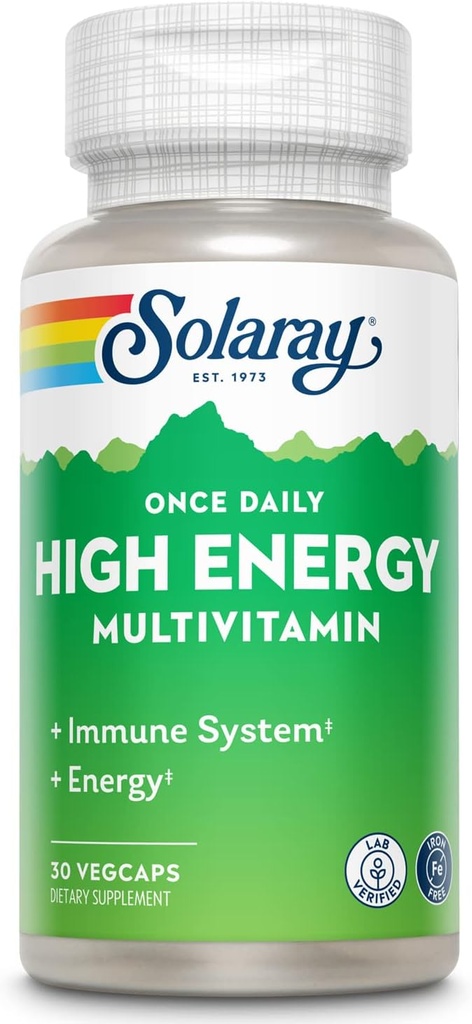 SOLARAY O dată pe zi multivitamine cu energie mare, fără fier, sistem imunitar și suport energetic, Ingrediente întregi de alimente și plante aromatice, Mens and Womens Multi Vitamina (30 Servings, 30 VegCaps)