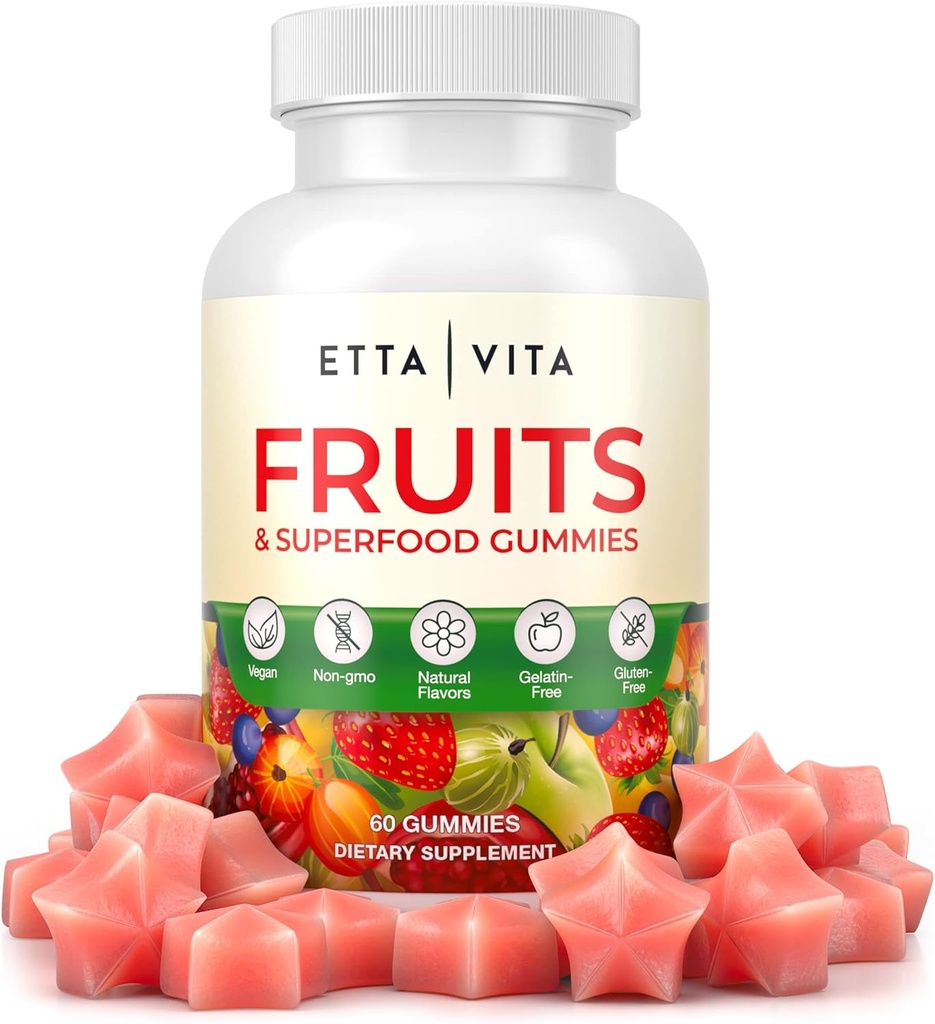 Superfructe Gummies Supliment pentru Blooting & Gut Health, 9 Superfructe Supliment pentru adulți și copii, Colagen Booster - Imunitate și suport antioxidant, non-GMO, Pectin-Based, Gluten-Free, Nu Capsule