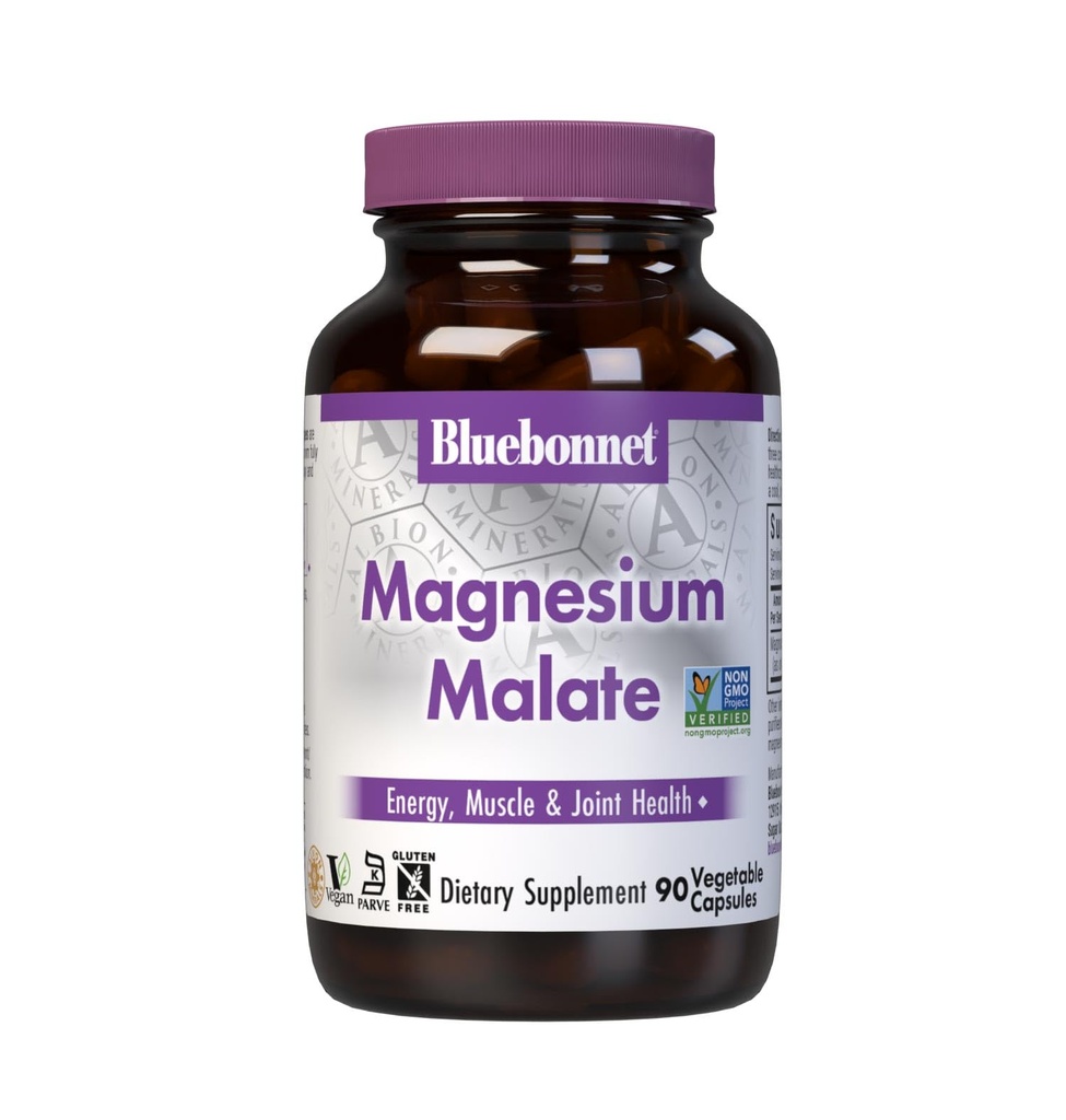 Bluebonnet Nutritie Capsule vegetale Malate de magneziu - Sustine energie, musculare și sănătatea comună - non-GMO, Vegan, Kosher certificate, Gluten-Free, 90 Conte