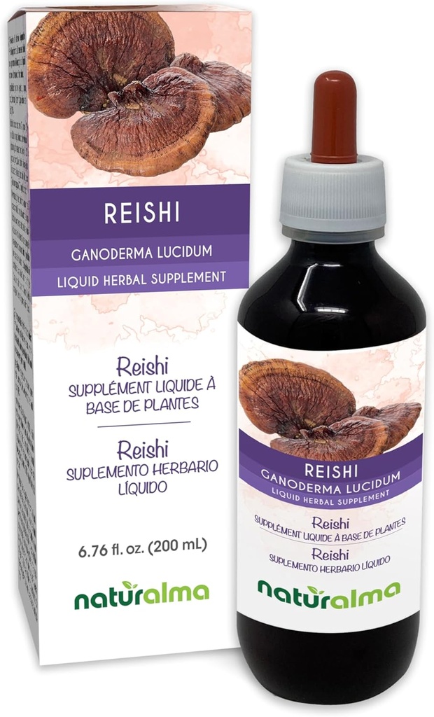 Naturalma Reishi (Ganoderma lucidum) Fungus sau Mushroom Tinctură fără alcool - 6,76 fl oz Extract lichid în picături - Supliment vegetal - Vegan