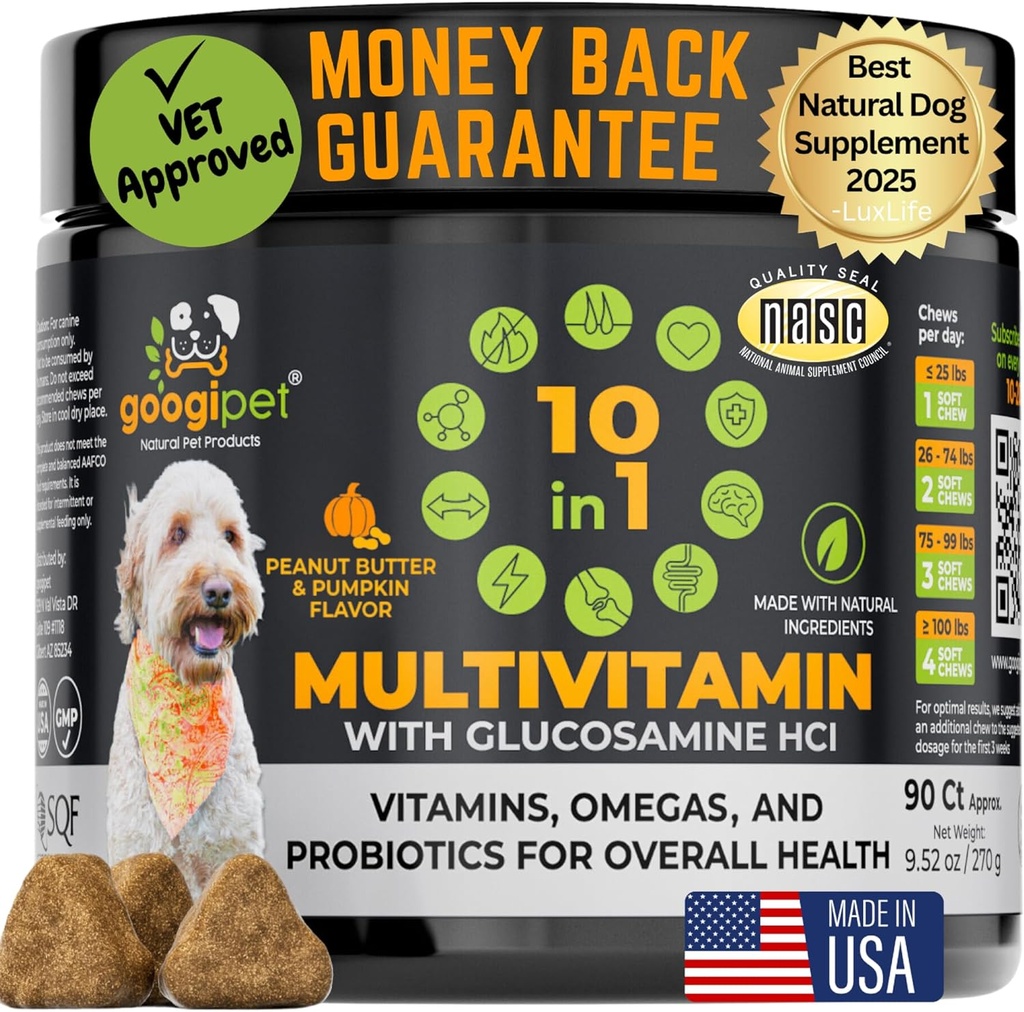 Googipet Premium 10 din 1 Vitamine de câine Multivitamine masticabile cu Probiotice pentru Sănătatea Gutului, Vitamine de câine și Suplimente C/Vitamina C și Glucosamină pentru Suport Comun (Aroma Untului de Peanut și Dovleac)