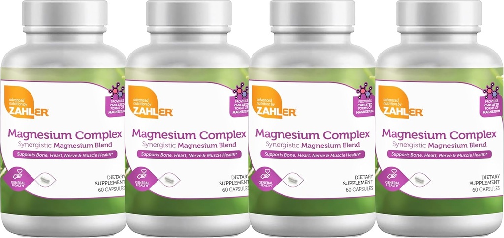Zahler Magneziu Complex Sinergistic Magneziu Blend, Suportă Bone, Inimă, Nervi și Sănătatea Musculară, 240 Capsule.