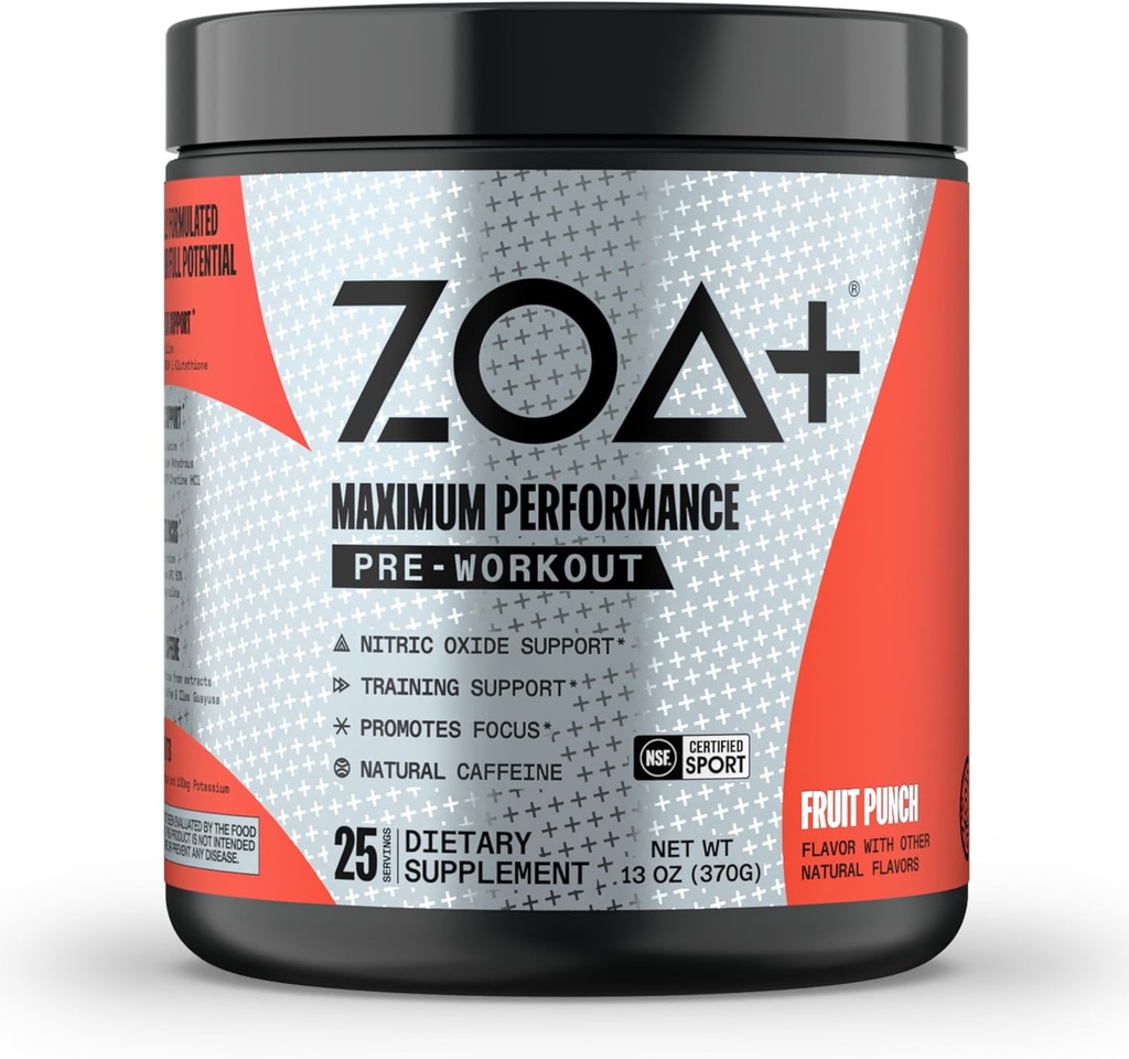 ZOA+ Zero zahăr Pre Workout pulbere, Punch de fructe - NSF Certified for Sport with Electrolytes, Creatine, Beta Alanine, Ginkgo Biloba, 200mg Cafeina - 25 Serviri
