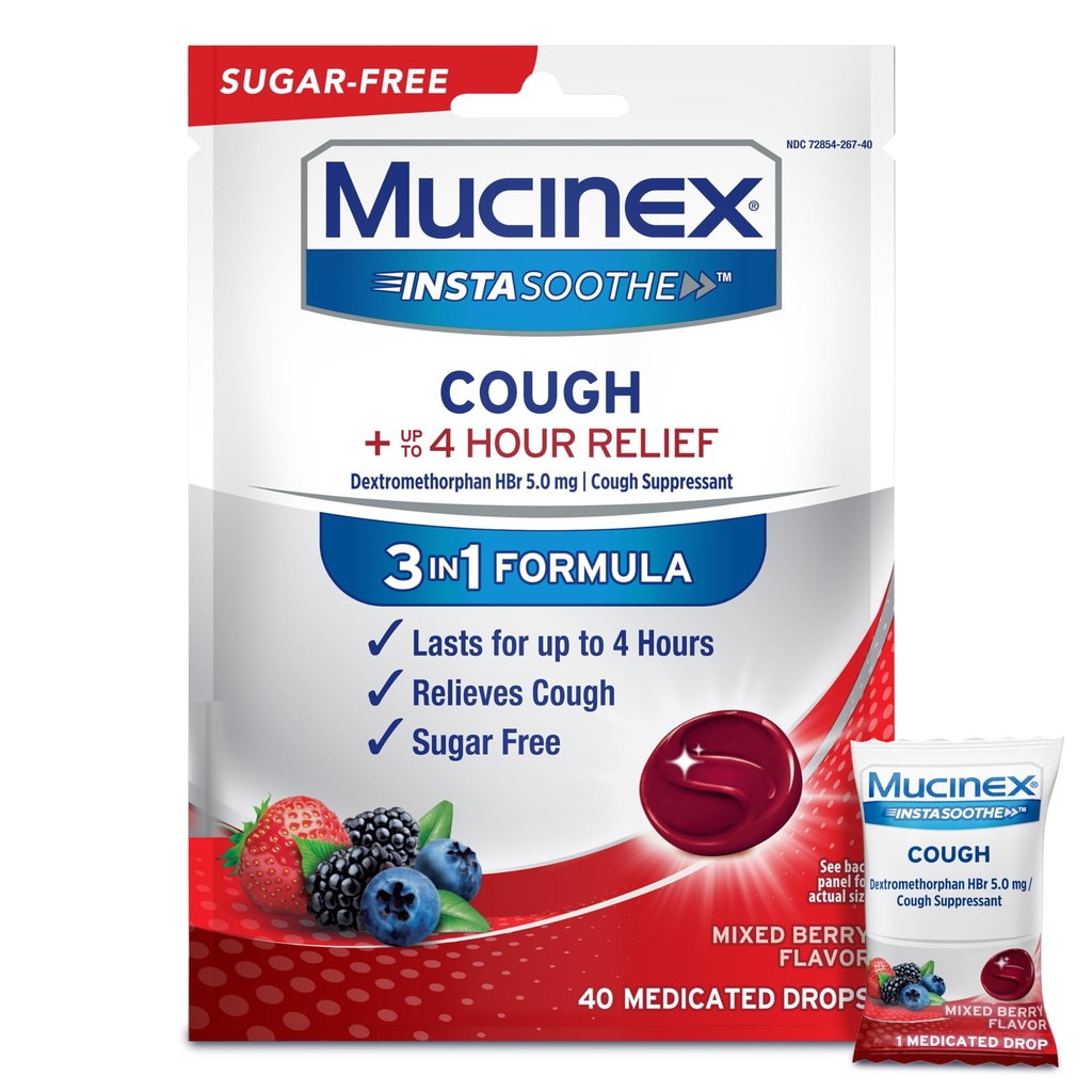 Mucinex Instasoothe Sugar Free Cough Drops, Cough Medicine for Adulți cu Dextrometorphan HBR, Non Menthol Cough Drops, Tuse Suppressant Lozenges, Mixate Berry Drops medicamentate de tuse, 40ct