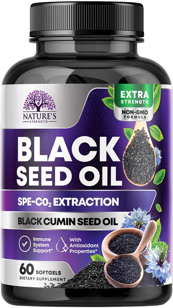 Capsule de ulei de semințe negru 1000mg cu Thymochinonă - Nigella Sativa pură pentru sănătate a pielii și sprijin imun, 100% ulei de semințe negre, extractie uimitoare de mai sus negru presat Seminte de chimen - 60 Softgels