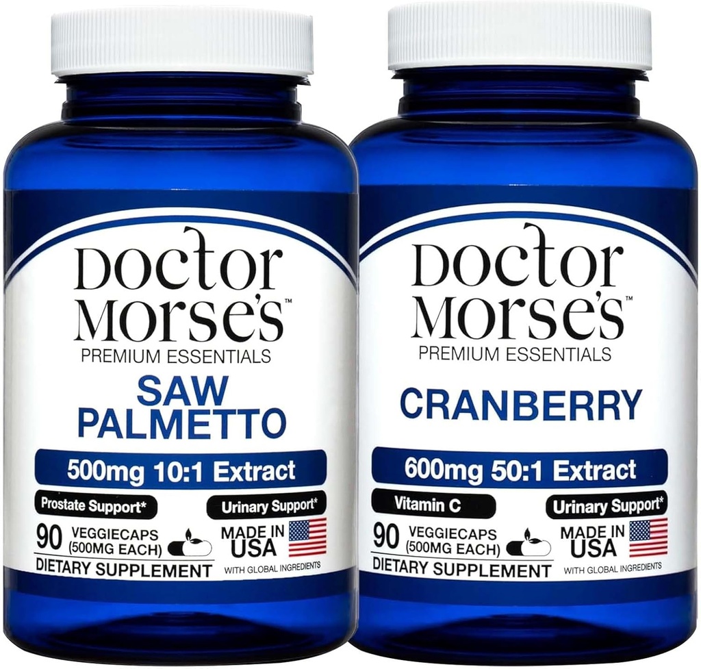 Saw Palmetto Dr Morse 5000mg & Cranberry 30000mg Bundle - Prostate Health, Suport Tract urinar, și Wellness generală pentru bărbați și femei, FDA-Registrate, NSF-Certificat 90 capsule