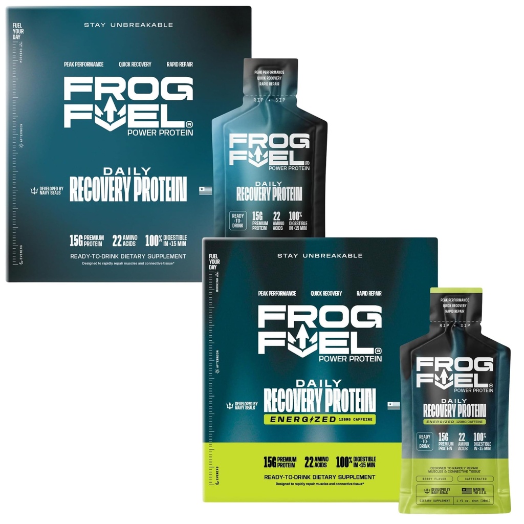Frog Putere de combustibil regulat și putere Energized Proteine complete Bundle, 15g Proteine Nano-Hydrolyzed Iarba Fed Colagen, Post Workout, Fat & Sugar Free, 22 Amino Acids, Berry, 1 oz Pachete, 48 Pachet