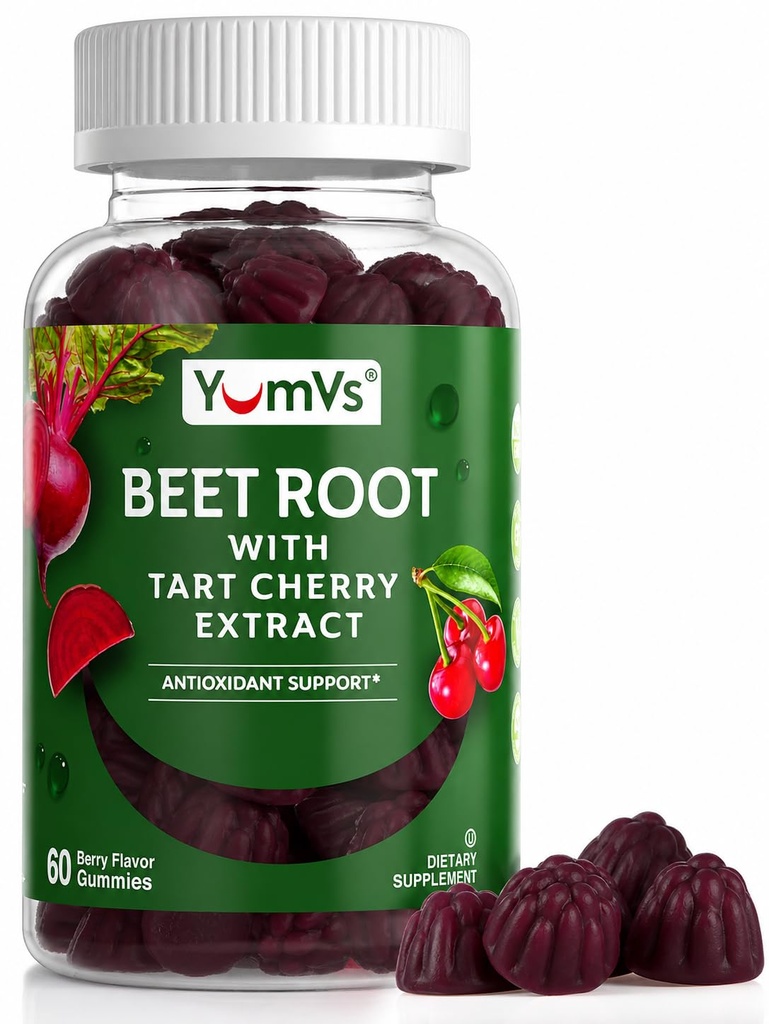 Gumiile de sfeclă YUM-V'S cu extract de cireşe cu tartă - Gumiile cu aroma de sfeclă - Chews de sfeclă pentru circulaţia sângelui şi suport antioxidant - Gumiile de sfeclă roşie (Countul de Berry 60)