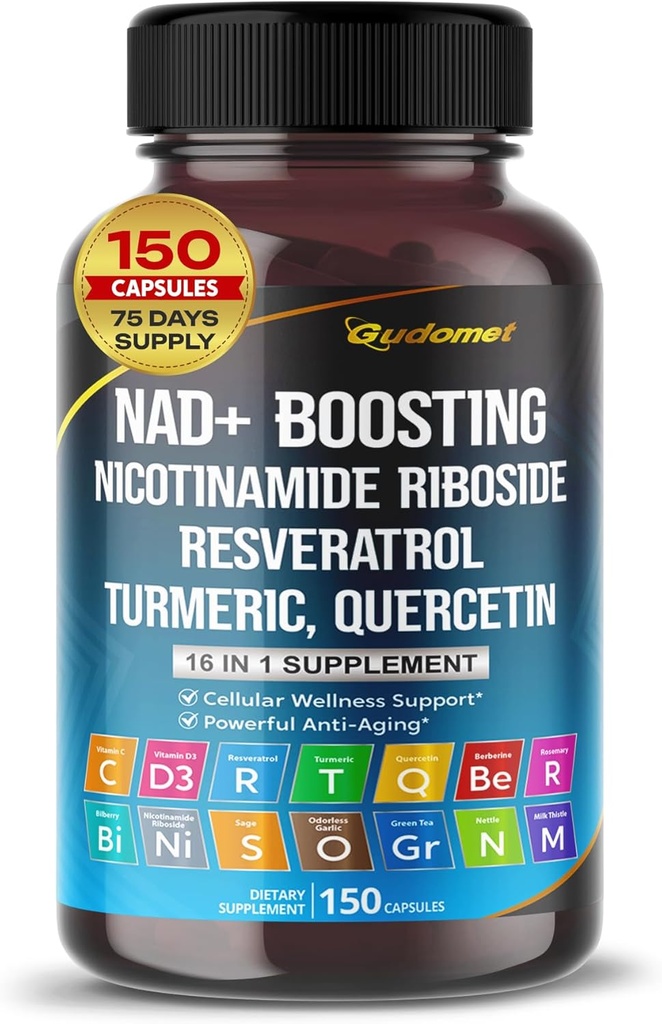 NAD+ Boosting Trans-Resveratrol Turmeric Quercetin Rosemary Bilberry Sage Green Tea Oregano Nettle Milk Thistle Black Pepper -150 Capsule - Made in USA