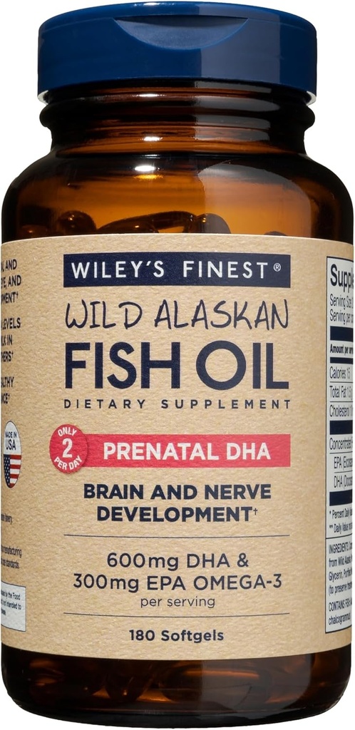 Wiley's Finest Wild Alaskan Fish Oil Prenatal DHA - 900mg EPA și DHA Omega-3s pentru femeile gravide și mamele care alăptează - 180 Softgels (90 Prenatal Vitamin Servings)