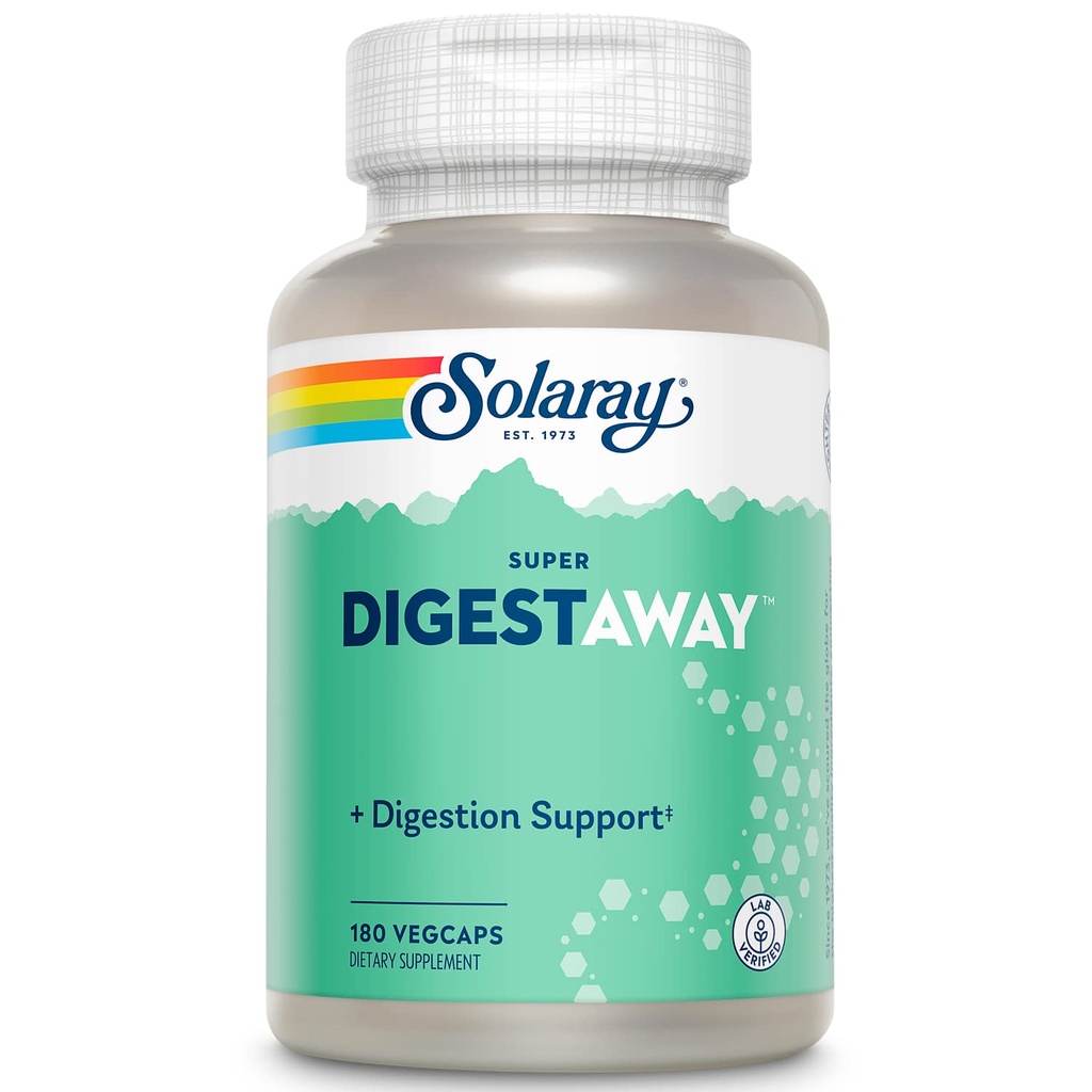 SOLARAY Super Digestaway Enzymes Digestive - Pancreatin, Papain, Ginger, Pepsin, Betaine HCl, Aloe Vera, și More - Digestion & Nutrient Absorbtion Support - Lab Verified - 180 VegCaps