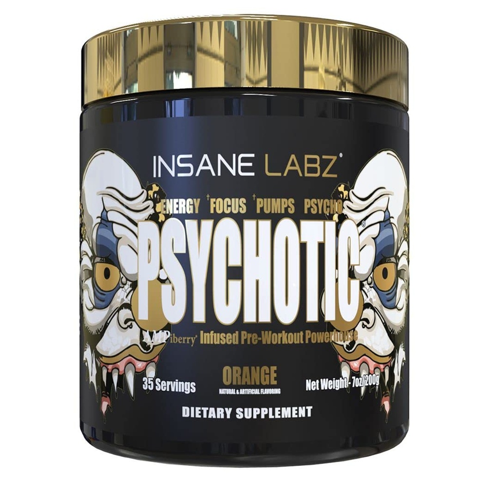 Insane Labz Psychotic Gold, High Stimulant Pre Workout Powder, Extreme Lasting Energy Focus, Pompe și Endurance cu Beta Alanine, DMAE Bitartrate, NO Booster (35 Servings, Orange)