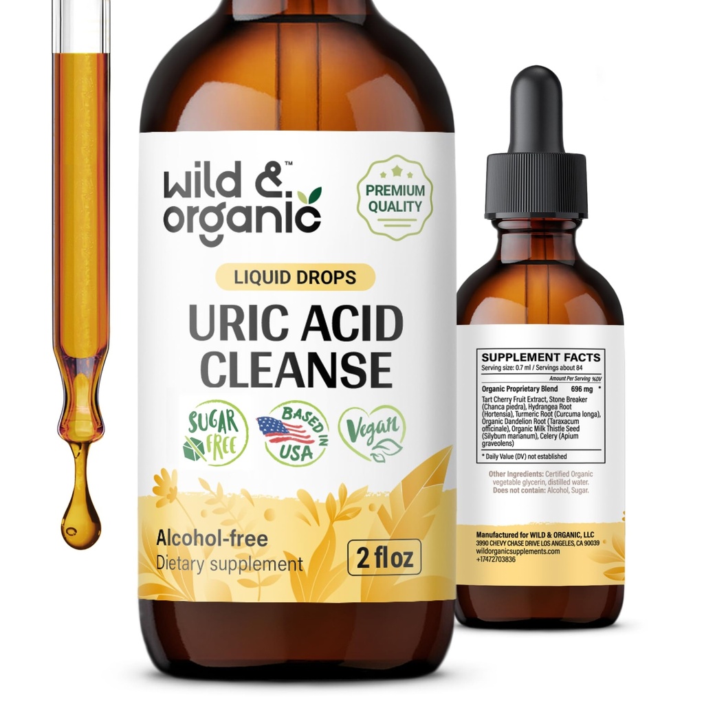 Acid uric sălbatic & organic Drops Cleanse - Tart Cherry, Turmeric, Chanca Piedra Stone Breaker Complex pentru Curățarea Rinichilor - Suplimentul de sprijin pentru acidul uric - Vegan, Sugar & Alcool - 2 oz