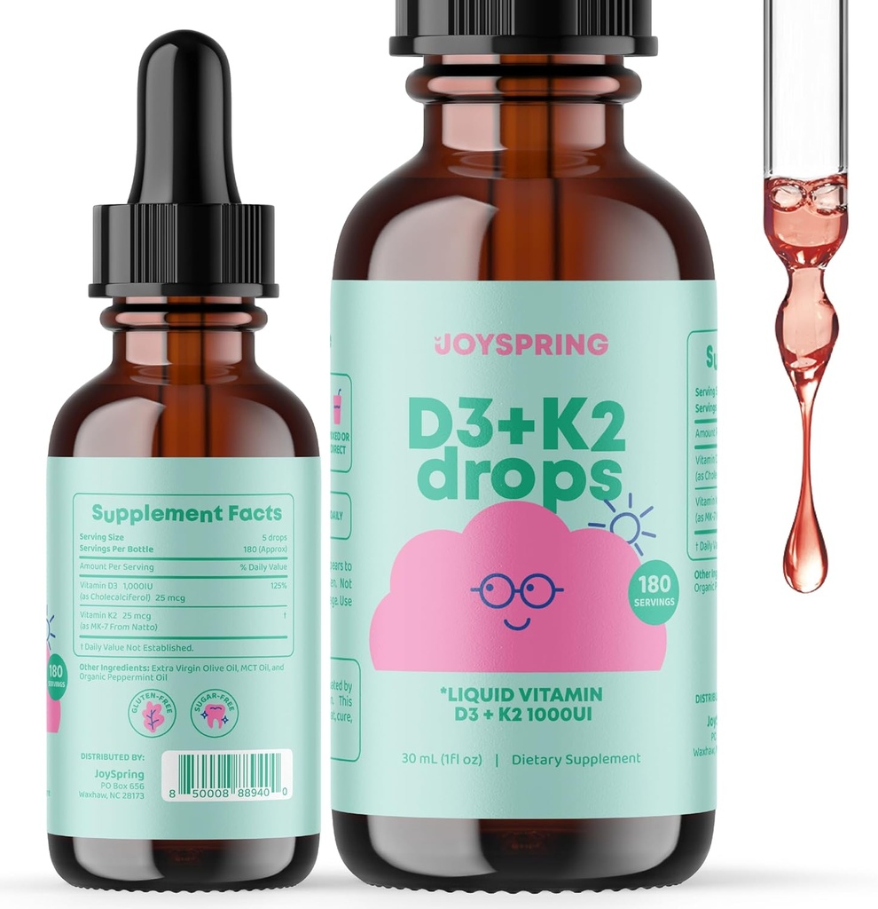 JoySpring Liquid Vitamina D3 cu K2 Vitamina D pentru copii - Suport imun pentru copii, Multivitamine zilnice cu Brodock Root & Elderberry pentru copii Booster imunitar și natural copii focus suplimente picături