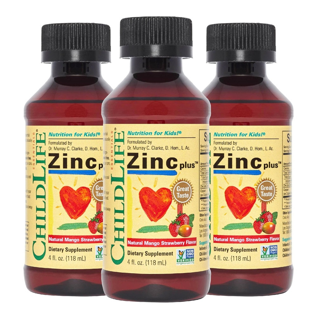 ESSENTIALS CHILDLIFE Zinc lichid Plus pentru copii & Toddler - Picături suplimentare lichid, Gluconat de zinc și cupru pentru suport imun - Mango Strawberry, 4 Fl Oz (Pachet de 3)
