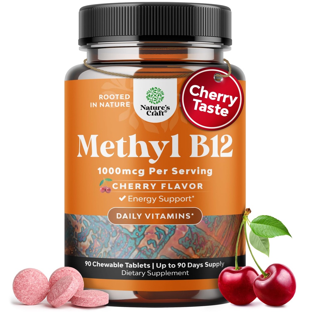 Vitamina masticabila B12 1000 mcg - Vitamina metilata B12 Vegan pentru suport cerebral Energie naturala - Ingrijirea ochilor sanatatii osoase si cresterea moodului cu piele de par si cuie vitamine halal