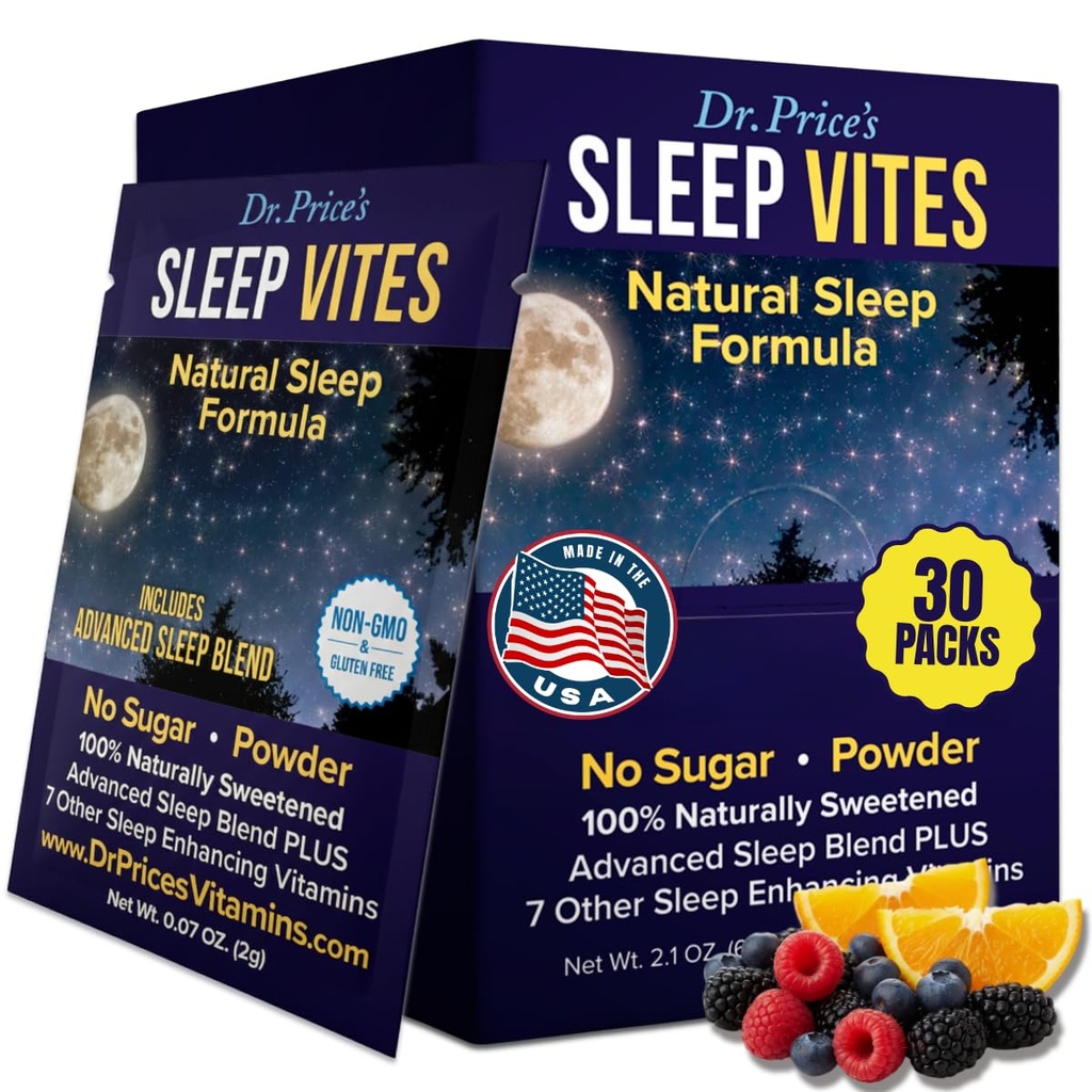 Ajutor de somn natural pentru vitaminele Dr. Price - Supliment de somn - Melatonina pentru somn - 30 Pachete - Ajutoare de somn Adulți, Triptofan, Calmant Pulbere de magneziu, Suport de somn non-drowsy
