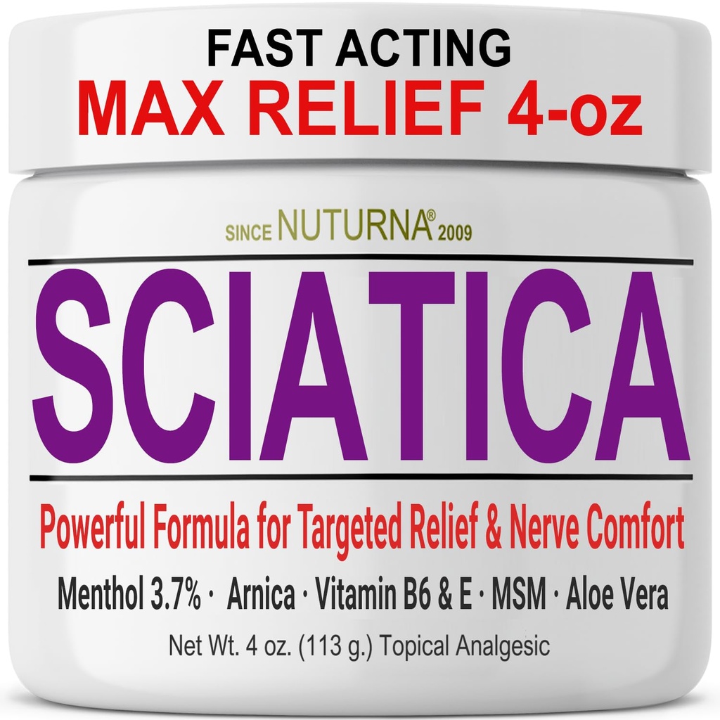 Sciatica Nervi Cream - Putere maximă Comfort Cream pentru picioare, mâini, picioare, degetele de la picioare, spate - Natural Ultra Putere Arnica, MSM, Mentol, Soothing Comfort, Mari 4 Oz