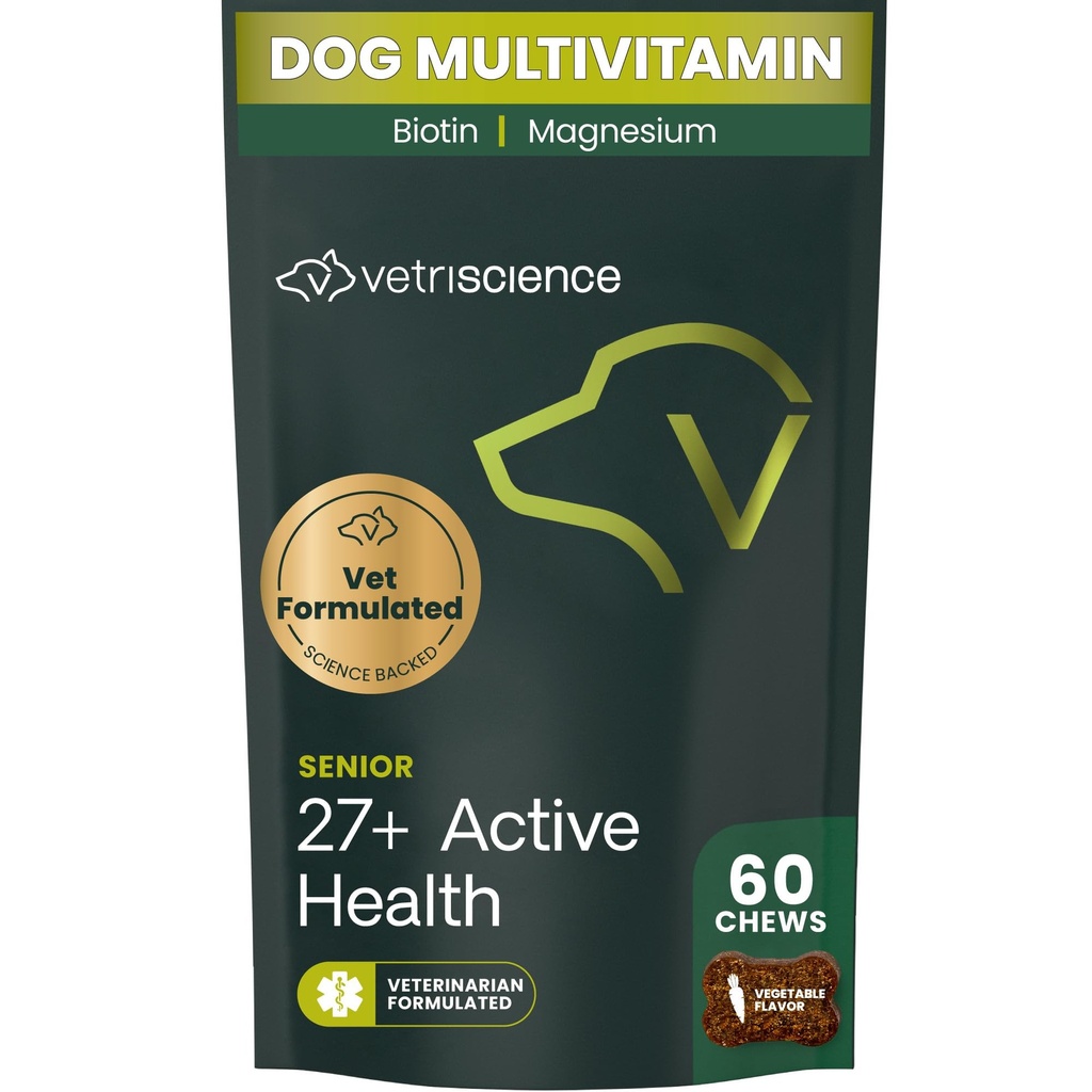 VetriScience Senior 27+ Active Health Chews, Canine Plus Daily Multivitamine pentru câini în vârstă, Balanced Vitamine, Minerale si Antioxidanti, Asistenta Sanatos imbatranire si Wellness, Veggie, 60 Conte