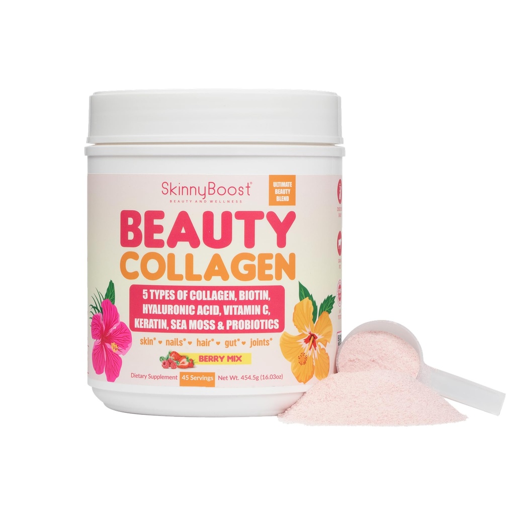 Frumuseţe Colagen pulbere-5 Tipuri de Colagen hidrolizat, Moss de mare, Biotin, Keratina, Acid hialuronic, Vitamina C şi Probiotice
