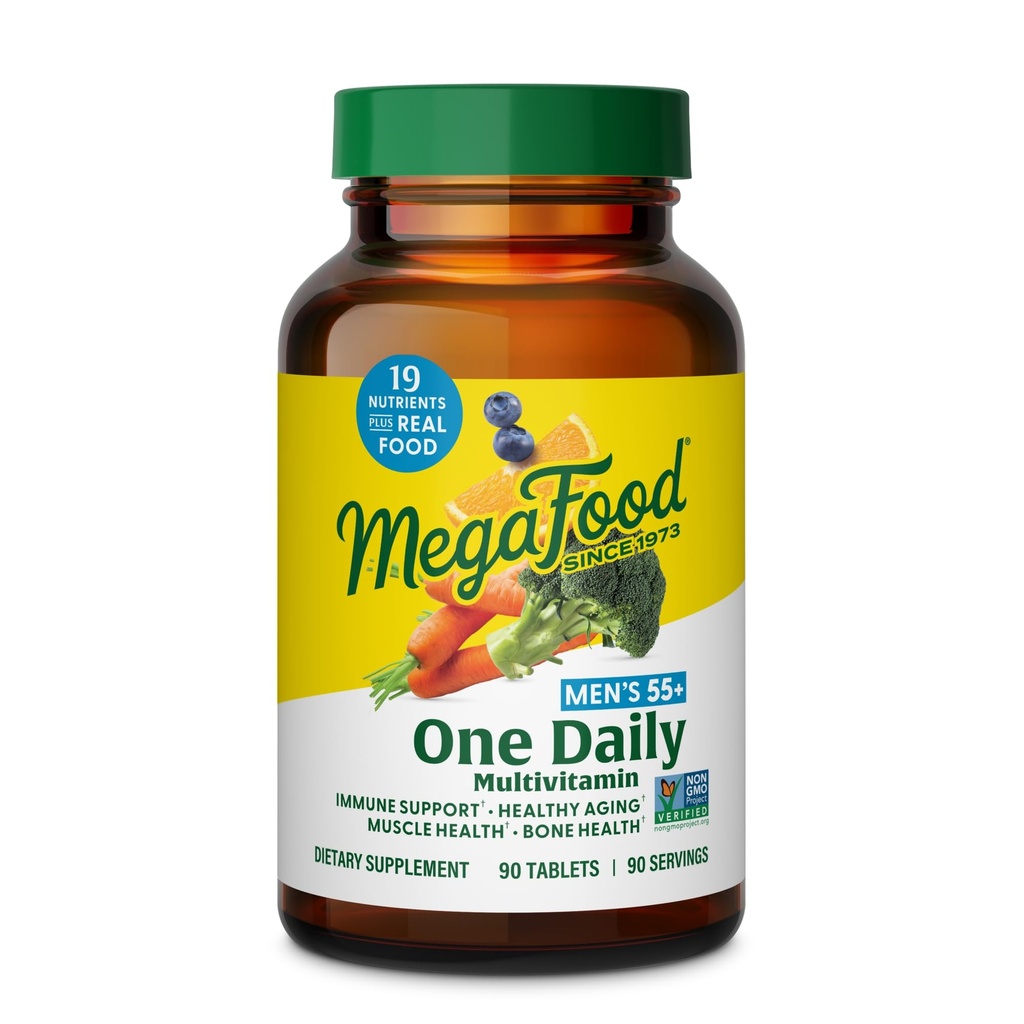 Megafood Men's 55. One Daily - Multivitamine pentru barbati cu vitamina B12, C, D & Zinc - Optimal Aging & Imunum Supplement - Vegetarian - Made without 9 Food Allergens - 90 Tabs