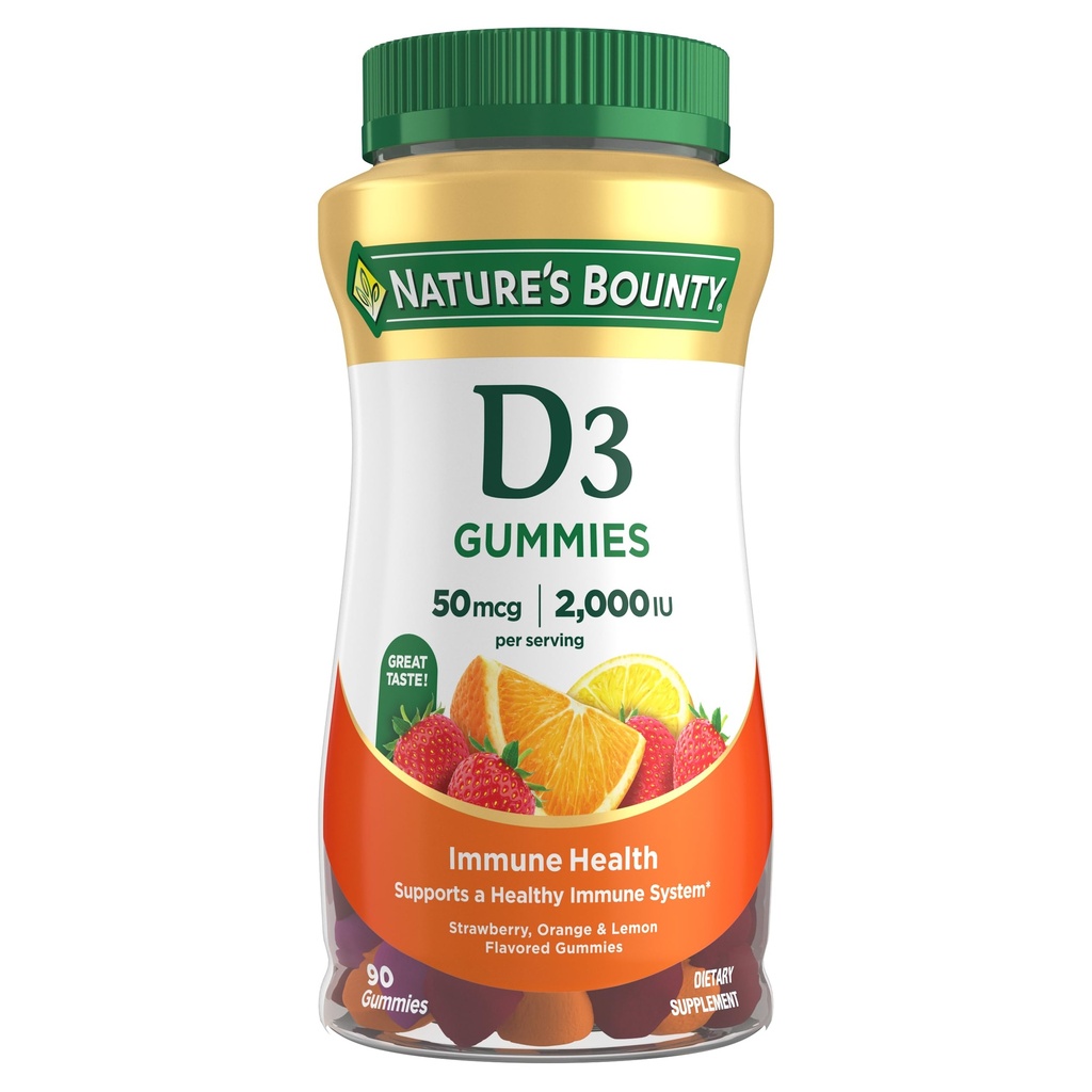 Natura's Bounty Vitamina D3 Gummies, Suplimentul de vitamine, Sprijină Sănătatea imună, 50mcg, 2000UI, Aroma de fructe mixte, 90 Gume