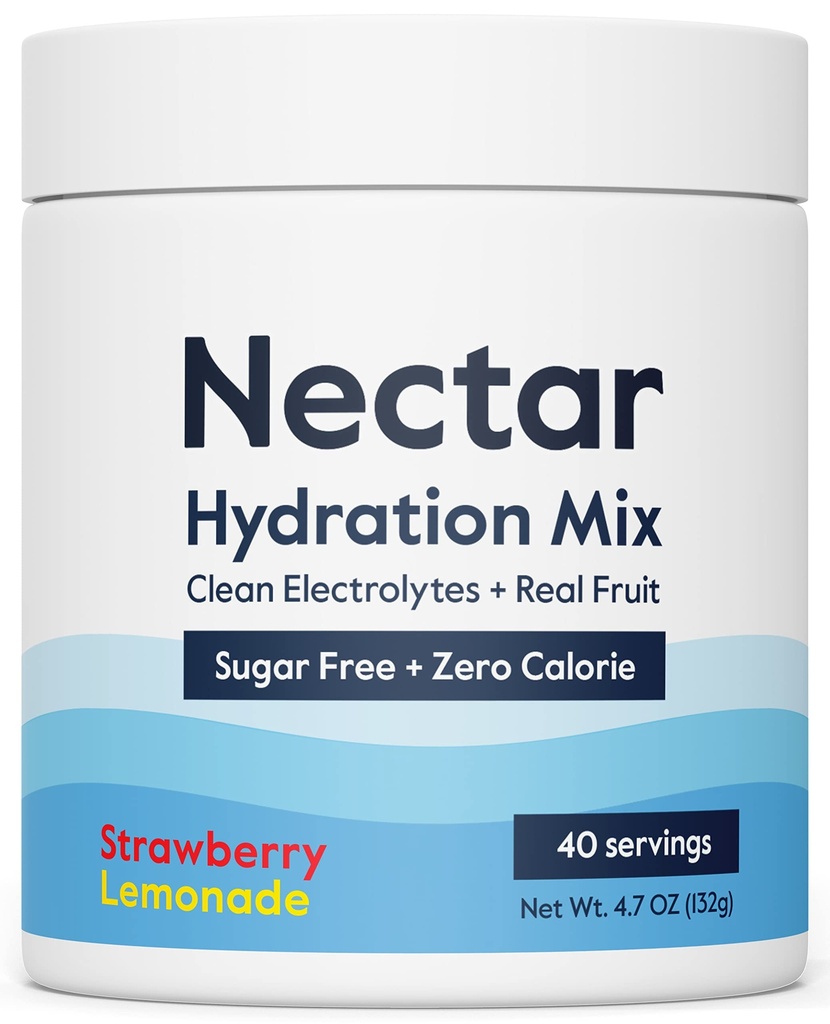 Nectar Zahăr liber Electroliți pulbere - Fructe organice fără zahăr sau calorii - Pulbere de hidratare pentru ajutor de deshidratare și rehidratare - Keto și Paleo (Strawberry Lemonade 40 Servire Tub)