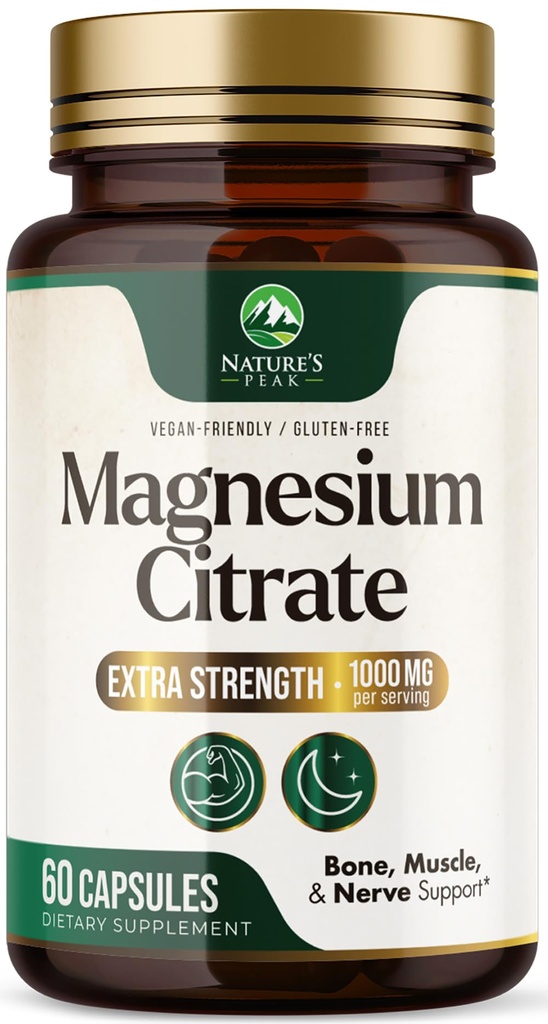 Citrat de magneziu 1000mg - supliment de magneziu de mare absorbţie susţine musculare, osoase, nervi şi inima de sănătate - Extra Putere Magnesio Complex pastile - non-GMO, Premium energie Formula - 60 capsule