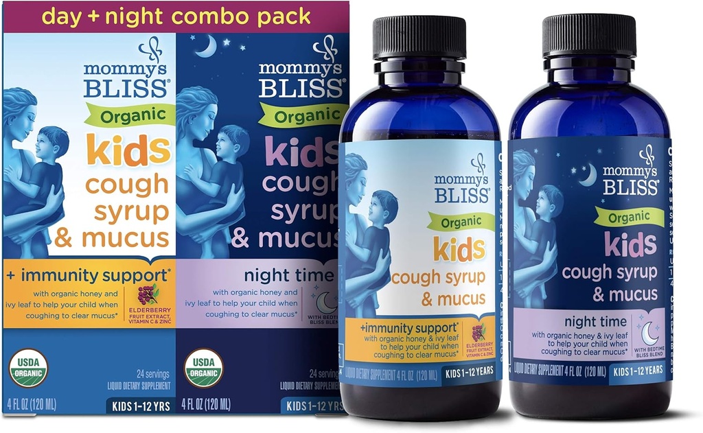 Bliss Organic Cough Syrup & Mucus pentru copii, Ziua și noaptea Combo Pack cu vitamina C și suport pentru imunitate, Conține miere organică și Ivy Leaf, 4 Fl Oz (Pachet de 2)