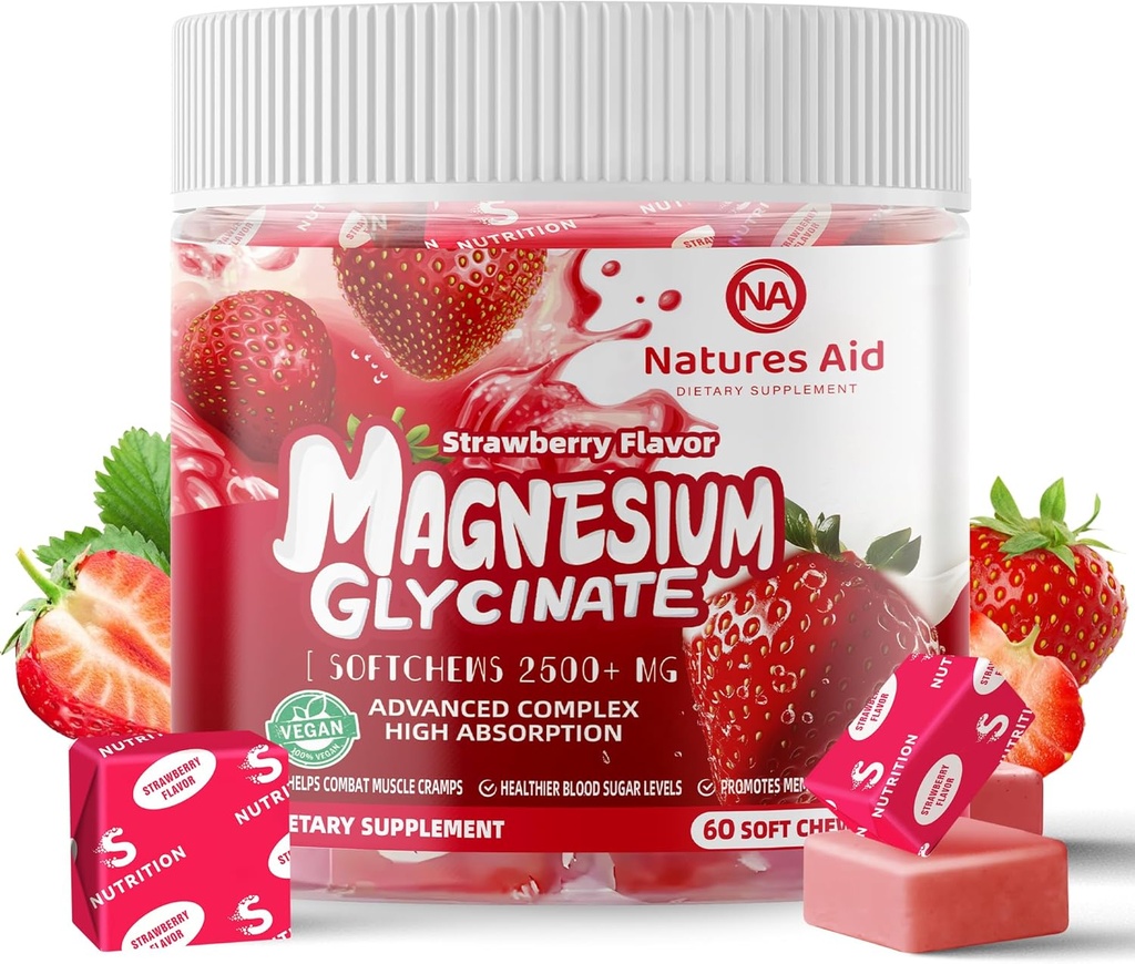 Magneziu Glicinate Soft Chews, aromă de căpşuni. Chews de magneziu potasic fara zahar masticabil cu glicinat de magneziu, vitamina D, B6, si CoQ10 pentru suport calm si somn pentru adulti, 60 zile de aprovizionare