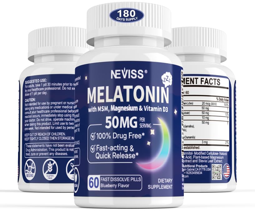 Melatonina 50 mg pentru adulţi - Extra Putere 9-in-1 Dizolvare rapidă Sublingual - w/Vitamina D3 & MSM, Relaxare Herbal Blend-Ashwagandha, Lemon Balm, Passionflower,Chamomile,Sugar Free, Vegan 180 Serviri