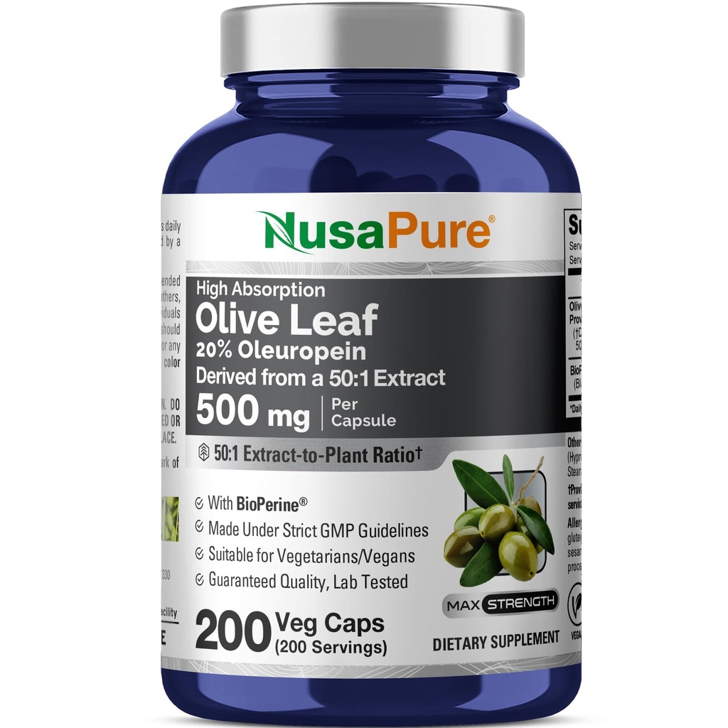 NusaPure Olive Leaf 20% Oleuropein 50:1 Extract, 500 mg echivalent cu 25.000 mg 200 Veg Caps Potrivit pentru Vegetarians și Vegas, Non-GMO