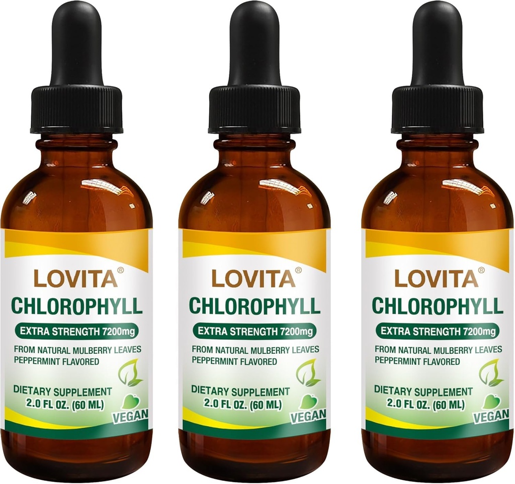 Lovita Clorofill picături lichide, mare potenta 120 mg/ml, 7,200 mg pe sticla, Natural Energy Booster & Immune Support, Deodorant intern, Skin Health, Vegan & non-GMO, Menta Aroma, 180 Serviri