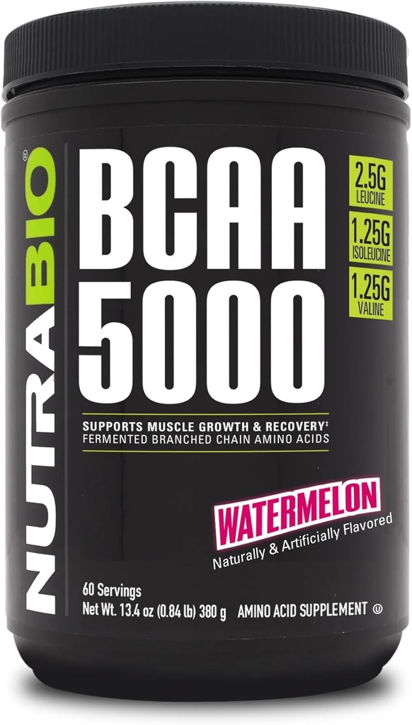 NutraBio BCAA 5000 pulbere - Vegan Fermentat BCAAs - Suportă Lean musculare creştere, recuperare, rezistenţă - 60 serviri - pepene verde