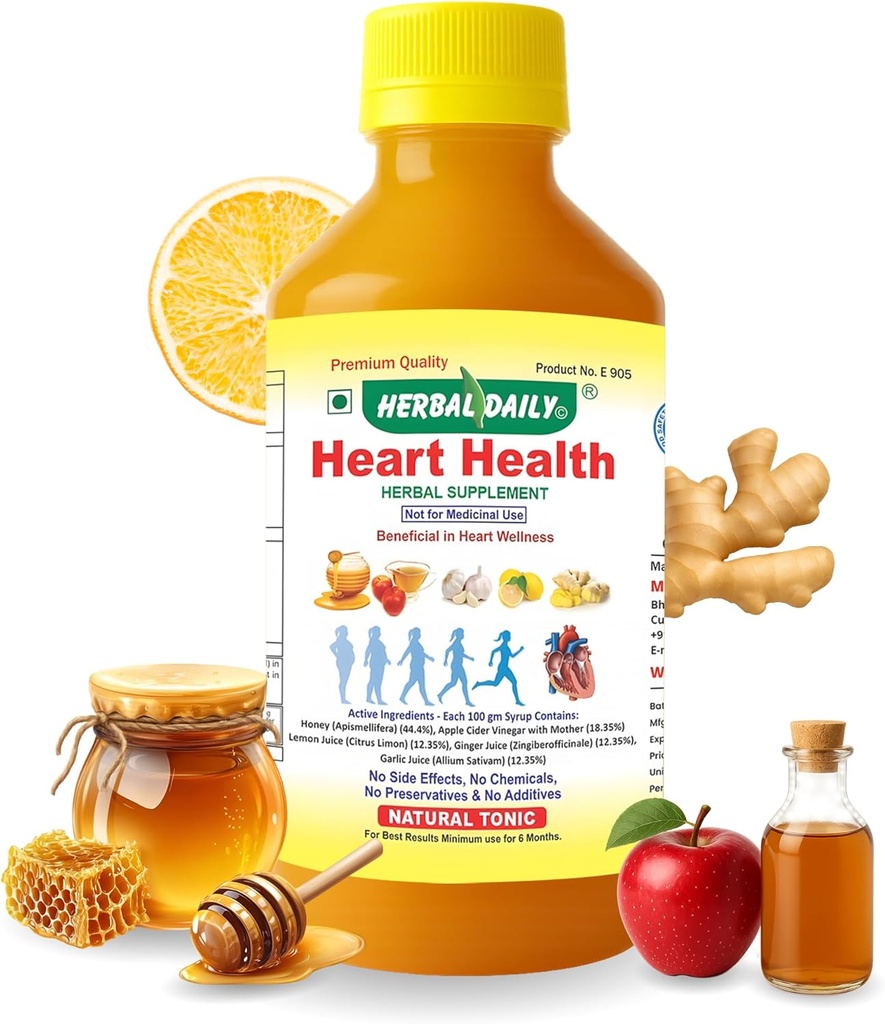 Heart Health 400 ml Supliment dietetic - Suporturi Heart Wellness și scade Colesterol - Oțet de cidru de mere (ACV), suc de usturoi, ghimbir, lamaie și miere - 1 flacon