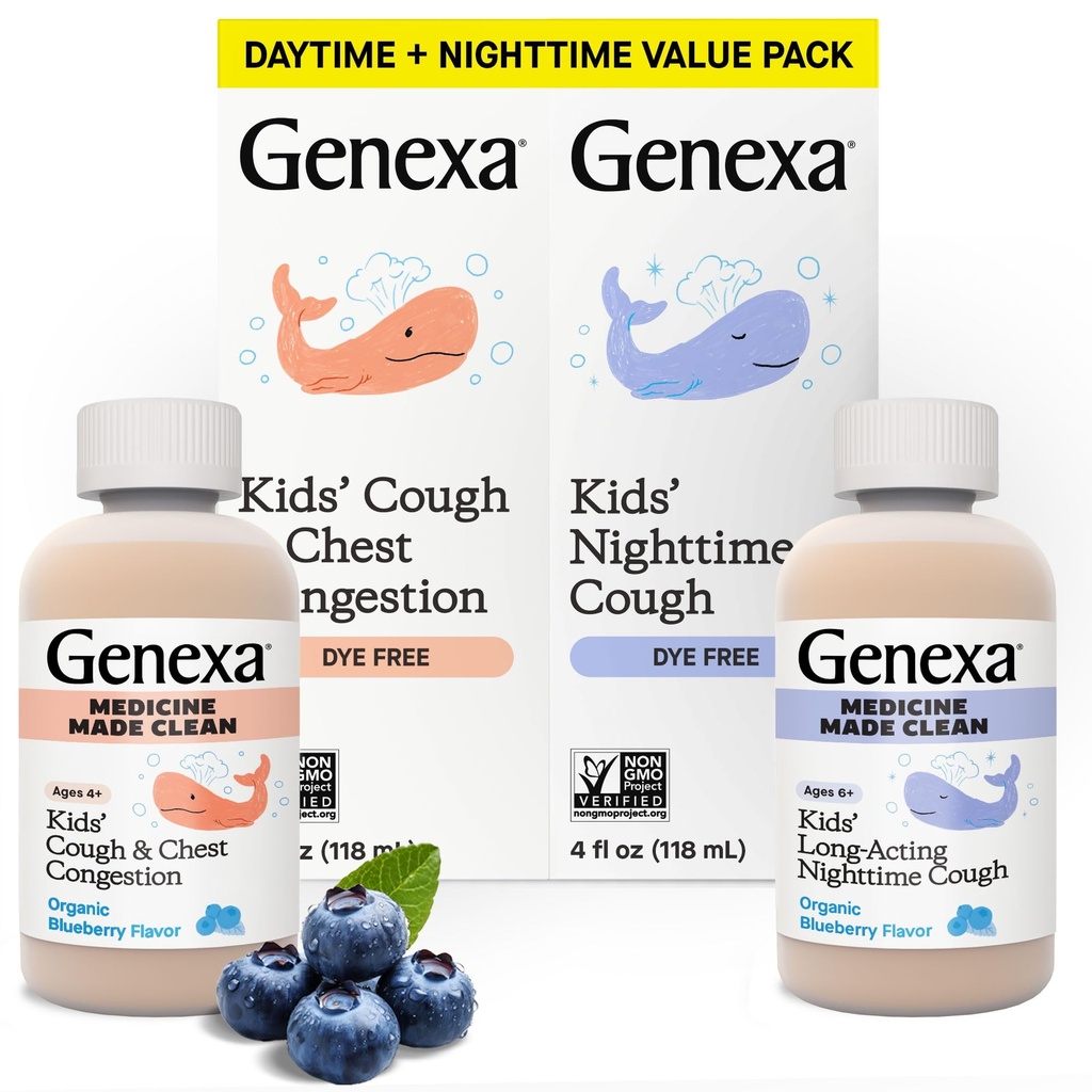 Genexa Kids' Clean Day & Night Cough Medicine, Die Free, 0% Aditivi artificiali, Tuse pentru copii, Congestia toracică, Runny Nose & Sneezing Relief, Vârste 6+, Aroma de afine organice, 8 fl oz (2 Pack)
