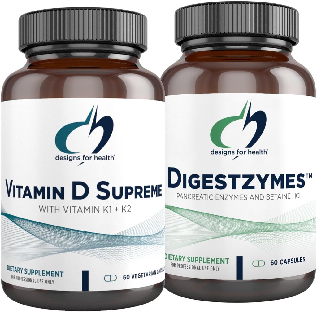 Design-uri pentru sănătate Vitamina D Supreme + Digestzymes Enzime digestive Bundle - Vitamina D3 5000 UI cu 2000mcg Vitamină + enzime de suport digestiv cu betaină HCl - 2 produse