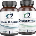 Design-uri pentru sănătate Vitamina D Supreme + Digestzymes Enzime digestive Bundle - Vitamina D3 5000 UI cu 2000mcg Vitamină + enzime de suport digestiv cu betaină HCl - 2 produse