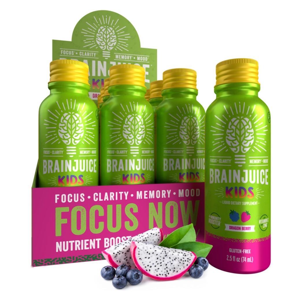 BrainJuice Kids Brain & Immune Supplement Shot, Gluten Free Shots for Energy, Focus, Imunity with Vitamina D, C, B, Alpha GPC & Organic Ginger Root, Ages 5+, Dragon Berry, 2.5 fl oz, 12 Pack