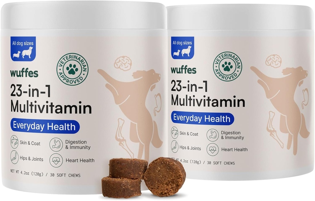 Wuffes 23-in-1 Chembable Dog Multivitamine &Supplements Bundle - Câine Multivitamine pentru Rasă Mică & Mare - 2 Pack - 60 Conte