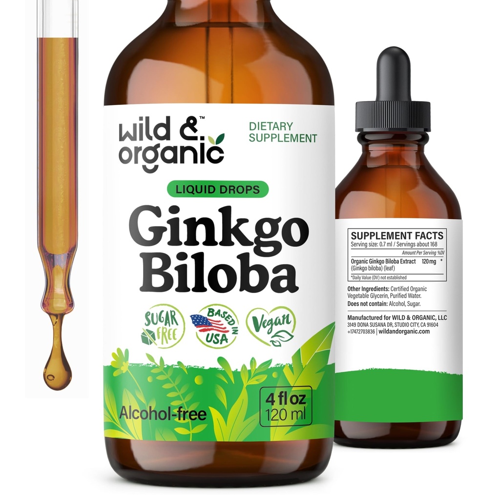 Picăturile extractului de Ginkgo Biloba Wild & Organic - Brain & Focus Supplements Ginkgo Biloba lichid - Vegan, Sugar & Alcohol-Free Herbal Tincture - 4 fl oz