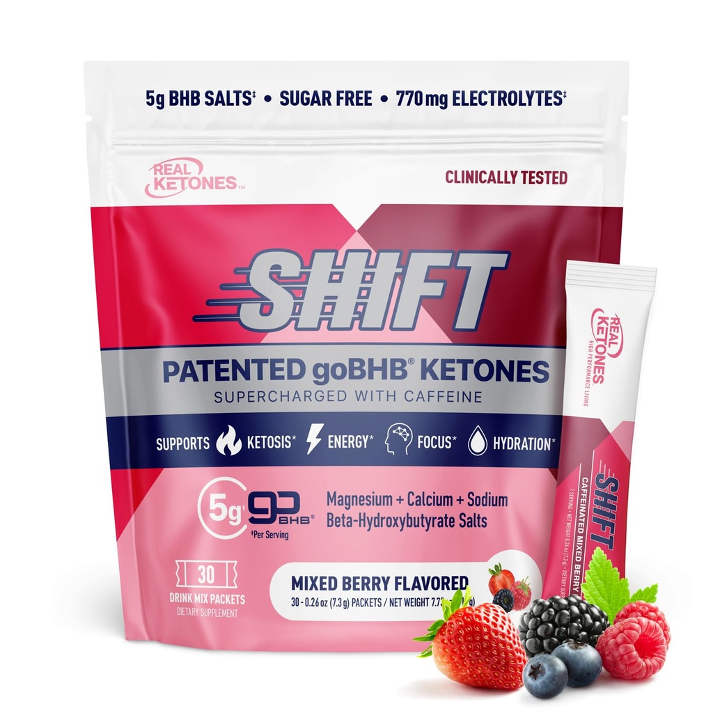 Cetone Real BHB Cetone Exogene Drink Mix Pachete Keto Electroliți Pachete pulbere fără zahăr cu 4 Electroliți de postare principale Plus Hidratare Keto BHB brevetat - 30 Conte mixt Berry Cofeina